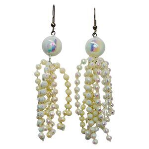 VTG Beaded Long Tassel Earrings 3" Iridescent Plastic Cluster Dangle